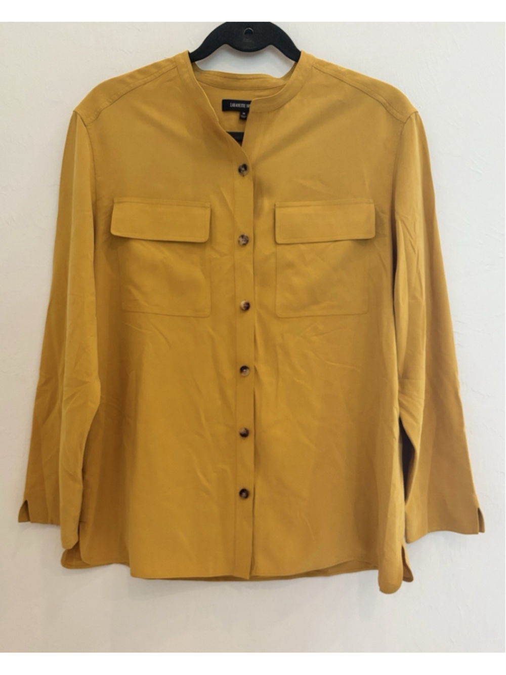 Lafayette 148 100% Silk Blouse Button Front Pockets Mandarin Collar Sz M Yellow